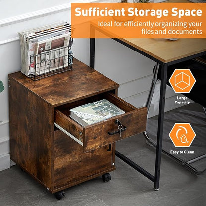 OFCASA 2 Drawer File Cabinet with Lock, Small Rolling Filing Cabinets for Home Office, Wood Under Desk File Cabinet with Wheels, Mobile Storage Organizer, Printer Stand for Letter/Legal, Rustic Brown