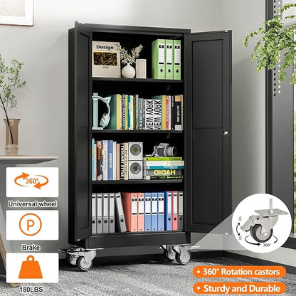 pozdeg 61" Metal Garage Storage Cabinets with Wheels, Lockable Rolling File Cabinets with 2 Doors and 3 Adjustable Shelves, Steel Tool Organizer Locker for Office Home Garage Gym School, Black