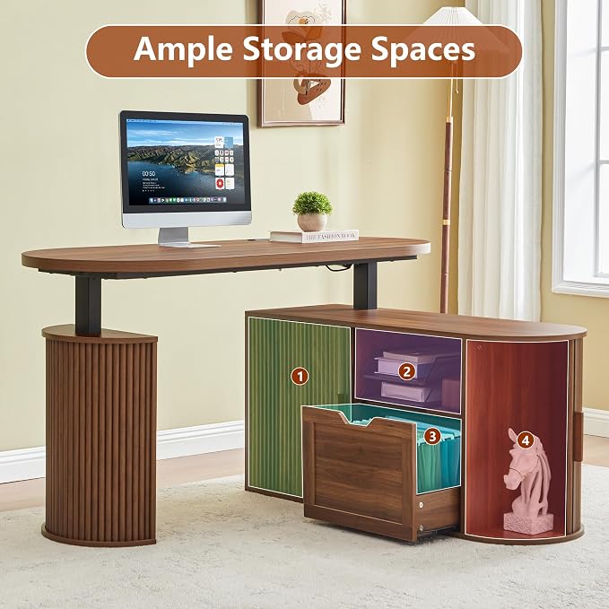 55" L Shaped Standing Desk with Storage, Electric Desk Height Adjustable Executive Desk with File Drawer, Simple Setup Wood Desk Office Sit Stand up Desk for Work, Study, Writing, Walnut