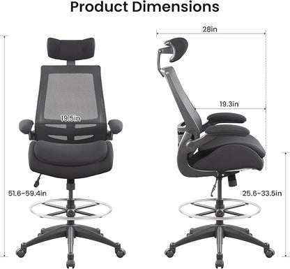BOLISS Big and Tall Drafting Chair 400lbs - High Back Ergonomic Office Chair for Standing Desk with Double Thick Seat Cushion, Adjustable Foot Ring, Lumbar Support & Flip Up Armrests (Black)
