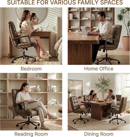 KISLOT Home Office Desk Chair, Ergonomic Office Chair with Square-Patterned Leather Upholstery, Adjustable Swivel Computer Chair with Wood Arms & Wheels, Soft-Rounded Front Edge, Brown
