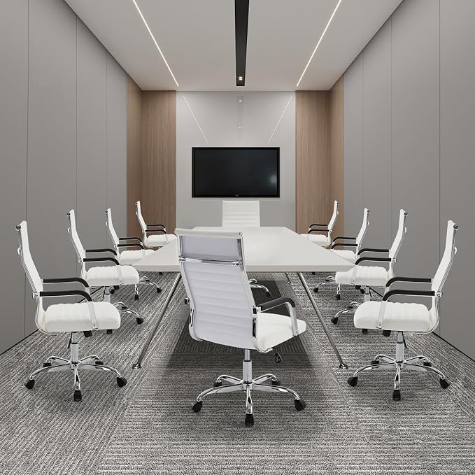 Office Chair, Ergonomic Executive Conference Room Chairs, Ribbed Leather Desk Chair with Lumbar Support, Adjustable Height Mid-Back Swivel Chair (Square Tube Armrests, White)