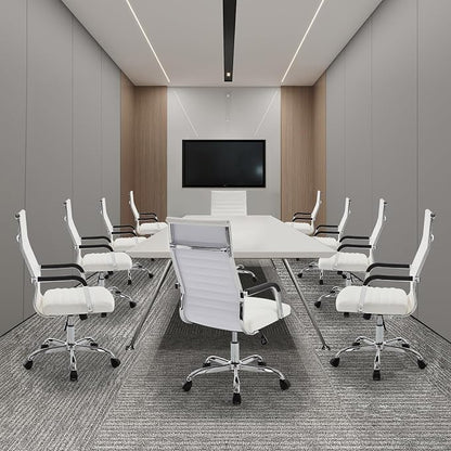 Office Chair, Ergonomic Executive Conference Room Chairs, Ribbed Leather Desk Chair with Lumbar Support, Adjustable Height Mid-Back Swivel Chair (Square Tube Armrests, White)