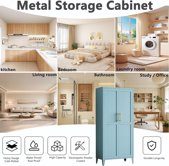 Metal Storage Cabinet with Lock,Blue Steel Tool Cabinet with 3 Adjustable Shelves,61 Tall Freestanding Heavy Duty Garage Locker for Home Office Kitchen 61" H X 27.6" W X 13.8" D