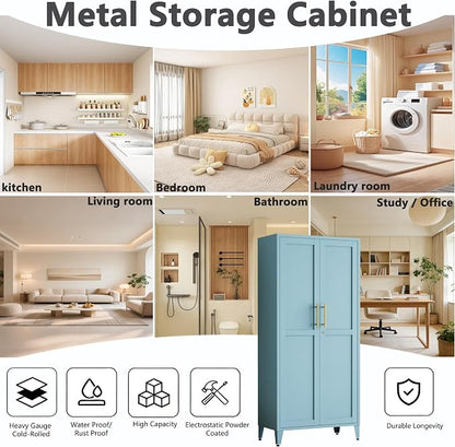 Metal Storage Cabinet with Lock,Blue Steel Tool Cabinet with 3 Adjustable Shelves,61 Tall Freestanding Heavy Duty Garage Locker for Home Office Kitchen 61" H X 27.6" W X 13.8" D