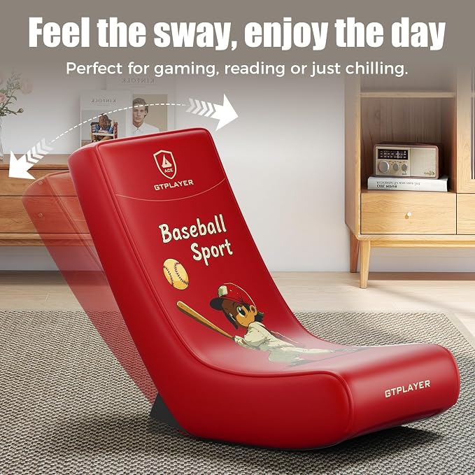 GTPLAYER Gaming Floor Rocking Chair – Rocker Floor Game Chair with Angle Limiter, Stylish Patterned Design, Comfortable Video Game Seat, Red Baseball Pattern
