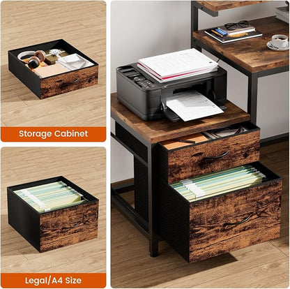 REAHOME 70 Inch L Shaped Desk with File Drawers and Reversible Storage Shelves, Computer Desk with Power Outlet & LED Strip, Home Office Desks, Writing Study Desk for Bedroom, Rustic Brown