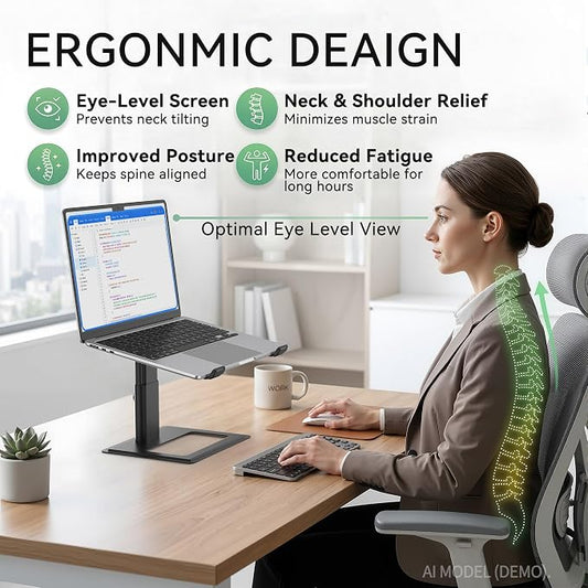 SOUNDANCE Adjustable Laptop Stand, Ergonomic Aluminum Riser for 10-17.3” Notebooks, Ventilated Metal Holder with Height Alignment for Desk Workspace, Black