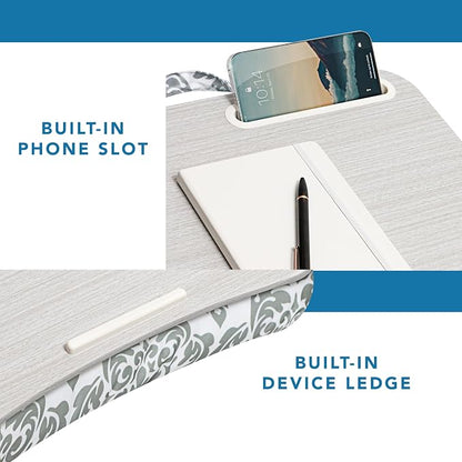 LAPGEAR Designer Lap Desk with Phone Holder and Device Ledge - Gray Damask - Fits up to 15.6 Inch Laptops - Style No. 45424