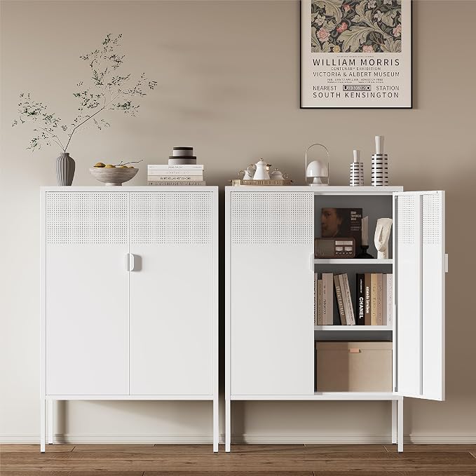 Metal Storage Cabinet,2 Door TV Stand, Metal Mesh Accent Cabinet,Magnetic Door Closure,Low Storage Cabinets with Doors and Shelf for Home,Office,Living Room