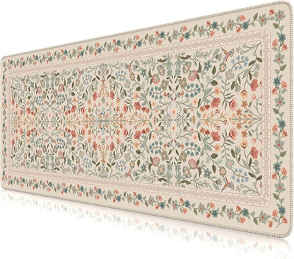 iCasso Aesthetic Floral Desk Mat, L Mouse Pads, Anti-Slip Mousepad with Stitched Edges, Waterproof Computer Pad 11.8"x31.5", Desk Accessories Office Decor for Women(Beige)