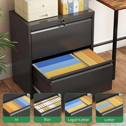 2 Drawer File Cabinet,Metal Lateral Filing Cabinet with Lock,Home Office Storage Organizer Cabinet for Legal/Letter/A4/F4 Size Files,26.8" W,Black