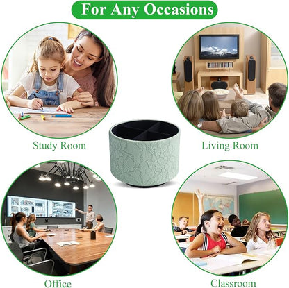 Round Leather Art Supply Organizer,Remote Control Holder,360 Degree Spinning,Multi-Functional Pencil Holder,4 Compartments Desktop Stationary Organizer(1-Lace Flower Green1)