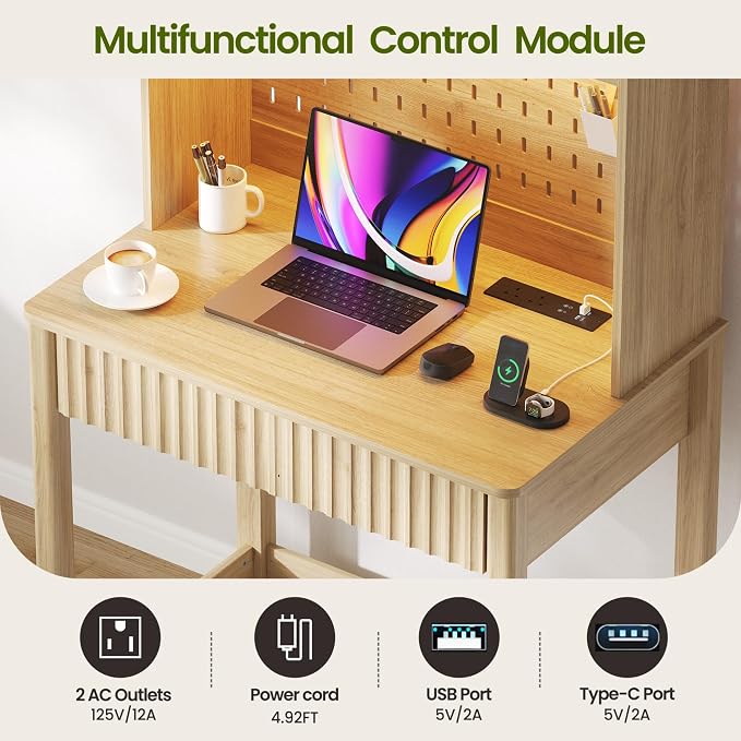 Lvifur Compact Writing Desk with LED Reading Lights (Natural86023)