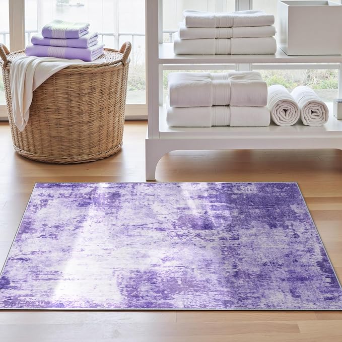 RELEANY Washable Area Rugs 3'x5' Non-Slip Modern Abstract Soft for Living Room Entryway Bedroom Kitchen, Print Pattern, Purple Gray Pink White