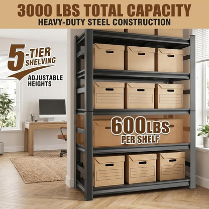 5 Tier Metal Bookshelf with Anti-Drop Fence, 72" H Adjustable Tall Bookcase, Heavy Duty 3000 LBS Modern Deep Book Shelf, Bolt-Free Storage Shelves for Living Room, Home Office, Garage