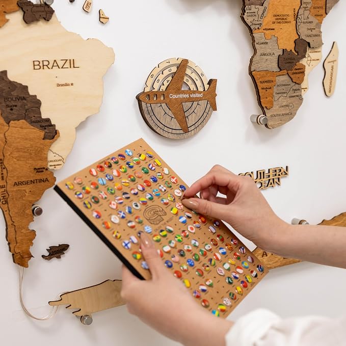 Enjoy The Wood 3D Wooden World Map Wall Art - Large Travel Map with Pins for Art Decor - Decorative Map of the World for Home, Office - Travel Wall Art Housewarming Gift Idea (Travel Tracker, Pins, Unframed)