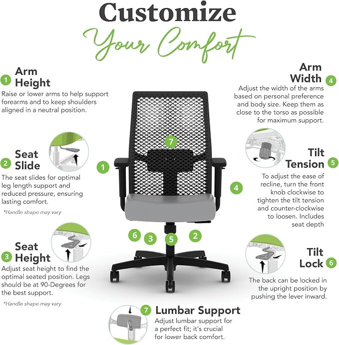HON Ignition 2.0 ReActiv Ergonomic Office Chair, Mesh Desk Chair with Lumbar Support, Synchro‑Tilt Recline, Height and Width Adjustable Arms, Swivel Wheels, Black Frame, Steel