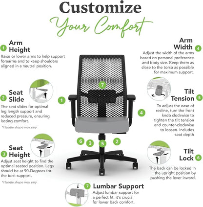 HON Ignition 2.0 ReActiv Ergonomic Office Chair, Mesh Desk Chair with Lumbar Support, Synchro‑Tilt Recline, Height and Width Adjustable Arms, Swivel Wheels, Black Frame, Steel