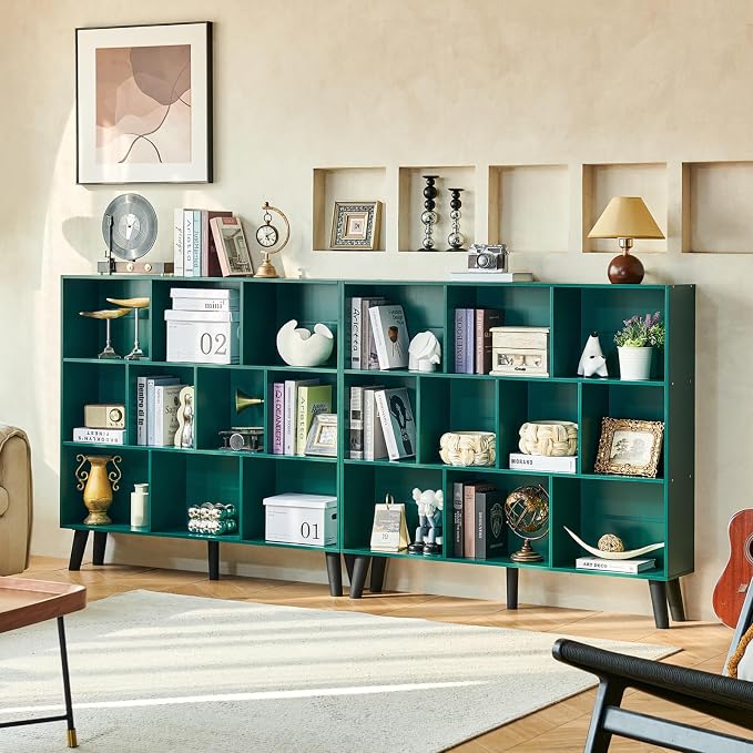 LEYAOYAO 10 Cube Bookshelf,3 Tier Modern Wide Bookcase with Legs,Mid-Century Wood Bookshelves Storage,Dark Green Large Book Case,Freestanding Organizer Display Shelf for Bedroom,Living Room,Office