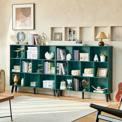LEYAOYAO 10 Cube Bookshelf,3 Tier Modern Wide Bookcase with Legs,Mid-Century Wood Bookshelves Storage,Dark Green Large Book Case,Freestanding Organizer Display Shelf for Bedroom,Living Room,Office