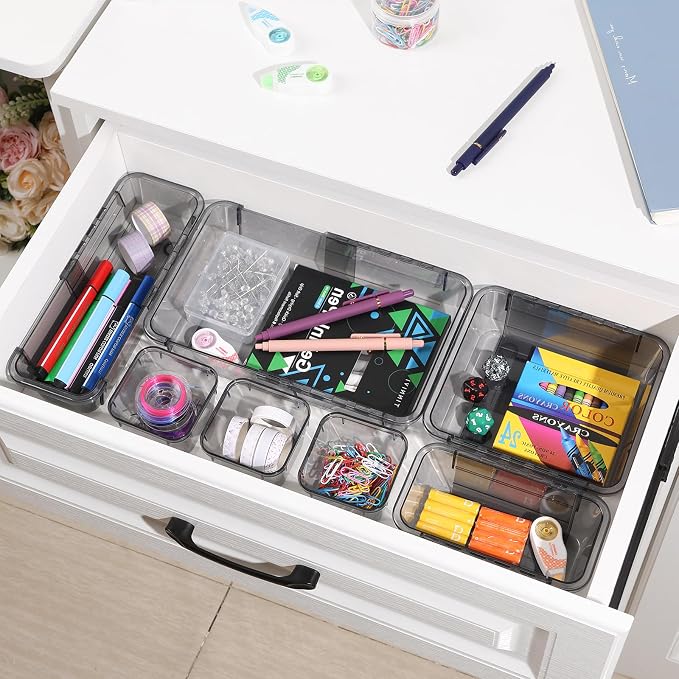 14 Pcs Adjustable Clear Drawer Organizer, Extendable Vanity Storage Bins, Desk Drawer Organizer Set for Makeup, Cosmetics, Bedroom, and Gadgets, Black
