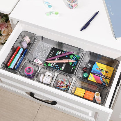 14 Pcs Adjustable Clear Drawer Organizer, Extendable Vanity Storage Bins, Desk Drawer Organizer Set for Makeup, Cosmetics, Bedroom, and Gadgets, Black