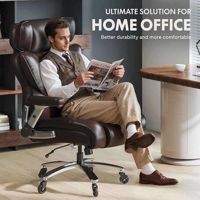 FLEXISPOT 600lbs Big and Tall Office Chair for Heavy People, High Back Heavy Duty Computer Chair with Lumbar Support 2D Armrest, Desk Chairs for Working Gaming Relaxing Cross Legged, PU Leather, Brown