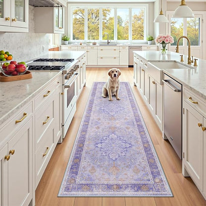 RELEANY Area Rugs Runner 2'x8' Washable Non-Slip, Floral Vintage Distress Medallion Carpet for Kitchen Hallway Bedroom Beside Laundry Room Bathroom, Light Purple Brown