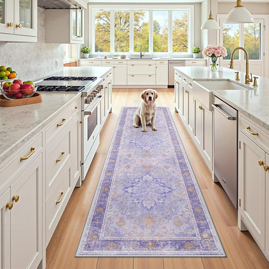 RELEANY Area Rugs Runner 2'x8' Washable Non-Slip, Floral Vintage Distress Medallion Carpet for Kitchen Hallway Bedroom Beside Laundry Room Bathroom, Light Purple Brown
