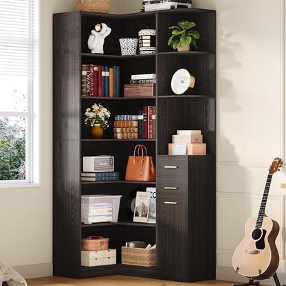 IRONCK Corner Bookshelf, 76" Tall Corner Bookshelves, 6 Tiers L-Shaped Bookcase with 10 Open Shelves and 2 Storage Drawers for Living Room or Home Office, Dark Brown
