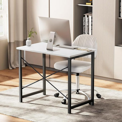 Sweetcrispy Computer Office Desk 55 Inch Student Study Writing Work with Metal Frame Wood Tabletop Modern Simple PC Home Bedroom Table, Compact Sturdy Desk for Laptop, Study, Gaming, White