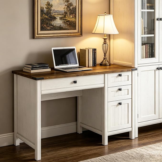 Farmhouse Executive Desk 45 inch Computer Desk with 4 Drawers, Smart Charging Station, Home Office & Study Room Essential for Remote Workers, Professionals & Students.Antique White