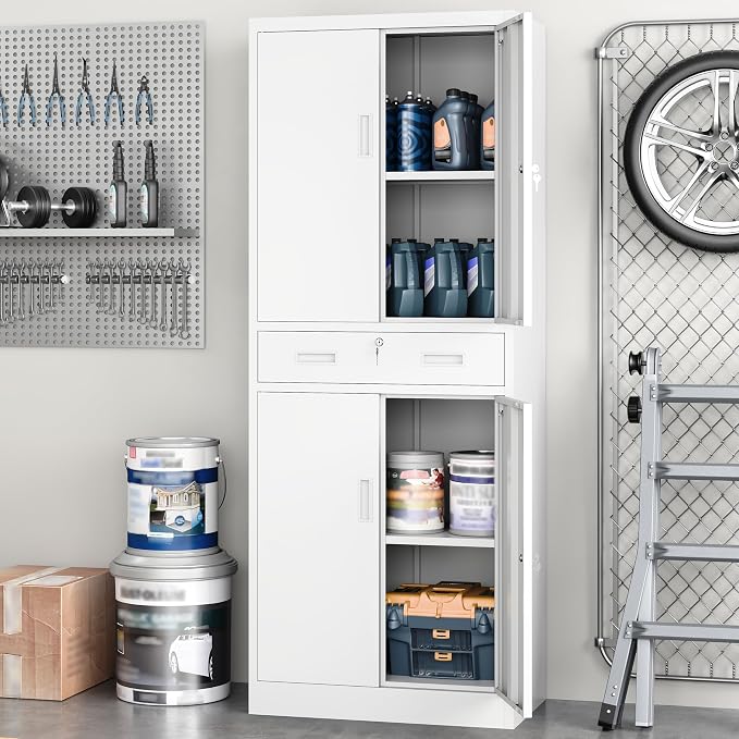 Metal Storage with 1 Drawer, 71" Cabinet with 4 Locking Doors and 2 Adjustable Shelves, Steel Storage File Cabinet for Pantry, Kitchen, Office, Garage (White)