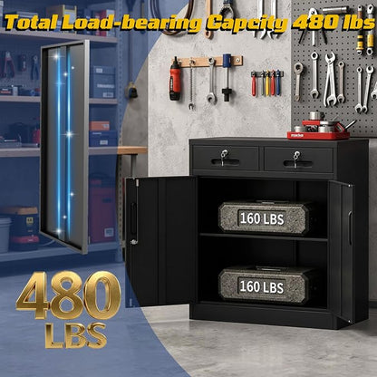Metal Storage Cabinet with Drawer and Adjustable Shelve, 35" Steel Garage Storage Cabinets with lock, Locking Tool Cabinet Utility Cabinets for Garage,Bathroom,Kitchen,Home Office,School,Shop