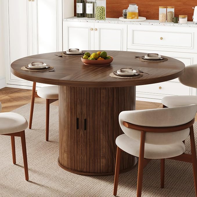 47 inch Round Dining Table for 4-6, Dinner Table with 2-Layer Storage Shelf, Morden Circle Kitchen Table with Wooden Strip Base and Wood Slide Door for Home Dining Room, Living Room, Walnut