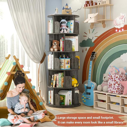 Besiost Rotating Bookshelf Tower, 5 Tier Spinning Bookcase, Revolving 360 Book Shelf Narrow Tall Bookcase, Vertical Turning Round Bookshelf Organizer, Wood Corner Book shelf for Small Space, Black Oak