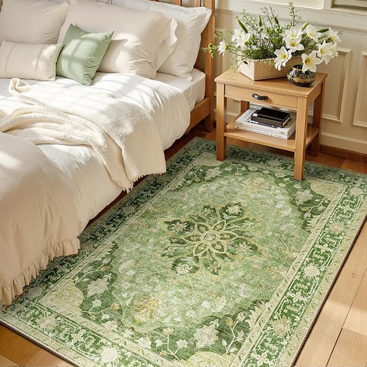RELEANY Area Rugs 3'x4' Washable Non-Slip, Floral Vintage Distress Medallion Carpet for Living Room Bedroom Dining Room, Sage Green Yellow