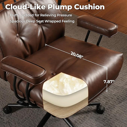 ovios Ergonomic Office Chair, High Back Faux Leather Executive Chairs with Thick Cushion, Comfy Mid-Century Modern Swivel Rolling Computer Armchair (Dark Brown, PU Leather)