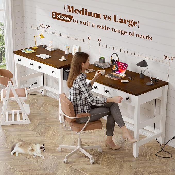 EnHomee 40" Computer Desk with Drawers, Small Desk with Power Outlets for Bedroom and Home Office, Writing Desk with Drawers and a Side Pocket, Vanity Desks for Bedroom, Brown+White