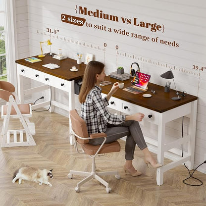 EnHomee 40" Computer Desk with Drawers, Small Desk with Power Outlets for Bedroom and Home Office, Writing Desk with Drawers and a Side Pocket, Vanity Desks for Bedroom, Brown+White