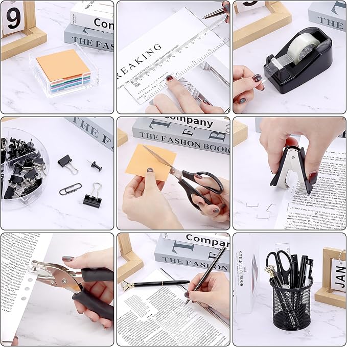 17 in 1 Black Desk Organizers and Accessories Set, 3 Office Desk Supplies Storage Organization, 4 Pens, Stapler, Staples & Remover, Tape & Dispenser, Scissors, Ruler, Clips, Hole Punch, Back to School