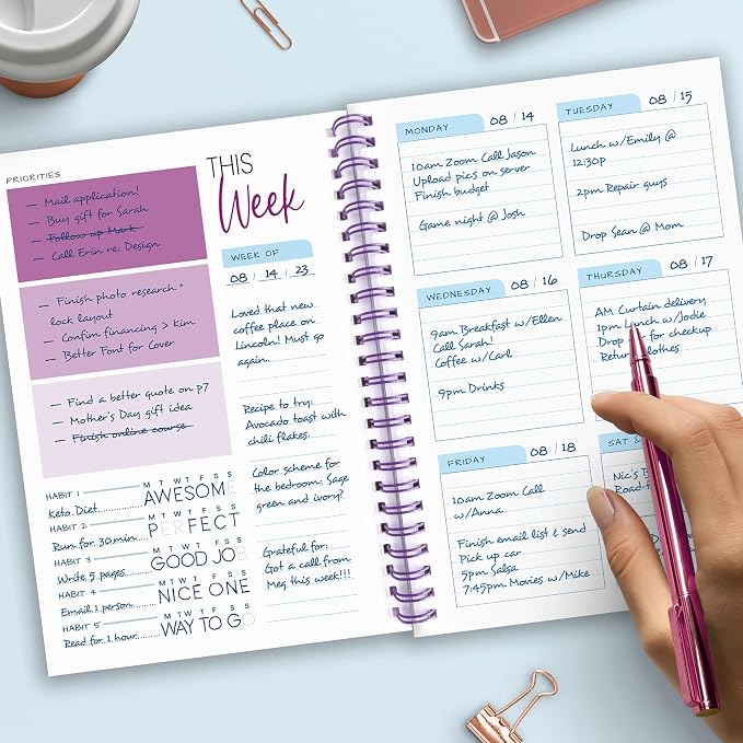 Weekly Planner Spiral Bound Notebook A5 - Undated Planner - To Do List Notebook - Habit Tracker - 52 Weeks - Daily Planner Undated for Home Work Office Business - Cute Goal Planner (Purple)