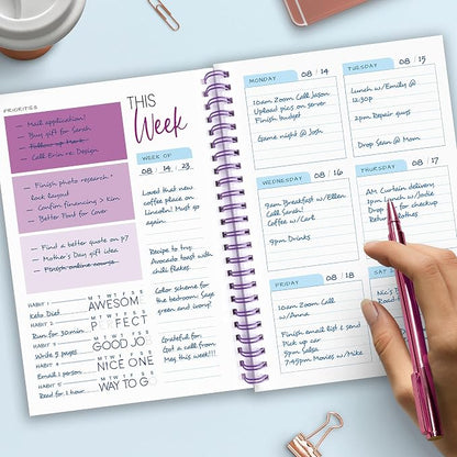 Weekly Planner Spiral Bound Notebook A5 - Undated Planner - To Do List Notebook - Habit Tracker - 52 Weeks - Daily Planner Undated for Home Work Office Business - Cute Goal Planner (Purple)