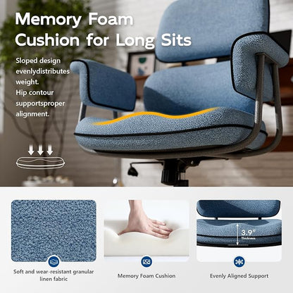 HomeZeer Blue Office Chair, Memory Foam Seat Mid Century Modern Desk Chair | 3.9" Sloped U-Shaped Memory Foam Cushion, Granular Linen Fabric, Lumbar Support, 1.2mm Sturdy Metal Tube, 400LBS Capacity