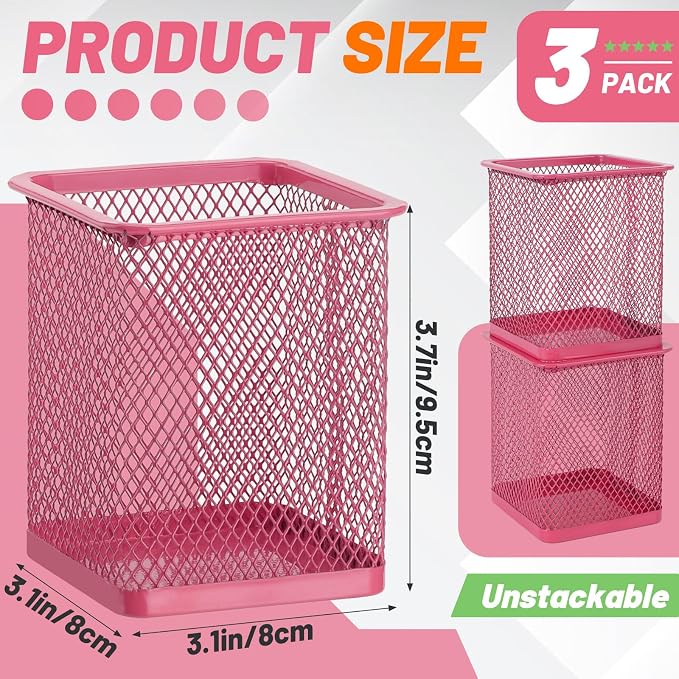 Segarty Pen Cup Holder, 3 Pack Square Dark Pink Pen Holder for Desk, Cute Mesh Pencil Cups Container Set for Office Supply, School Classroom, Home Desktop Storgae and Organization, Brushes Organizer