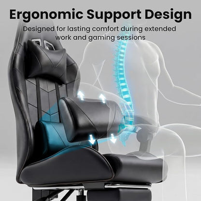 Gaming Chair, Ergonomic Computer Chair with Footrest and Lumbar Support, Height Adjustable Office Chair with 360° Swivel Seat and Headrest (Black)
