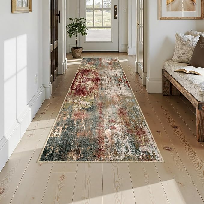 RELEANY Washable Area Rugs 2'6"x10 Non-Slip Modern Abstract Soft for Living Room Entryway Bedroom Kitchen, Print Pattern, Brown Rust Red Green Blue Multi