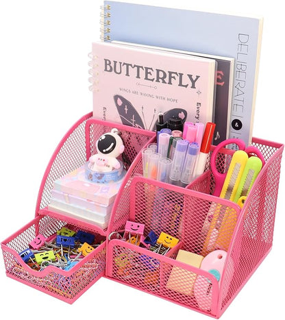 Boutilon Mesh Desk Organizer Desktop Office Supplies Stationary Organizer with 6 Compartments and 1 Drawer Multi-Functional Caddy Pen Holder for Home Office School Desk Decor(Rose Red)