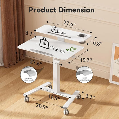 28Inch Glass Mobile Standing Desk On Wheels， Rolling Laptop Stand with Tiltable Desktop， Small Computer Workstation Adjustable Height， 2-Tier Portable Study Table with Storage Shelf， White